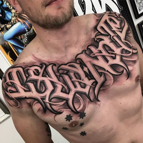 Family 1st Tattoo, Chest Lettering Tattoo, Lettering Back Tattoo, Back Lettering Tattoo, Graffiti Lettering Tattoo, Lettering Tattoo Ideas, Chest Tattoo Fonts, 1 Of 1 Tattoo, Chest Tattoo Lettering