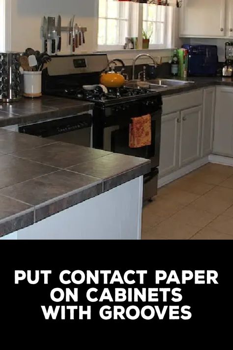 How to Put Contact Paper on Cabinets with Grooves Contact Paper On Kitchen Cabinets, Kitchen Cabinet Contact Paper, Contact Paper On Cabinets, Contact Paper Kitchen Cabinets, Contact Paper Cabinets, Chalkboard Contact Paper, Contact Paper Wall, Shaker Style Kitchen Cabinets, Update Kitchen Cabinets