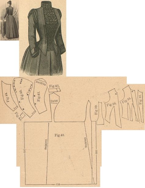 Der Bazar 1888: Slate-grey woollen dress; 36. bodice's lining front part, 37. plastron in half size, 38. overbodice part, 39. side gore, 40. back part in half size, 41. collar in half size, 42. and 43. oversleeve's lining and pouffy outer part, 44. undersleeve part, 45. cuff in half size Victorian Dress Pattern, Historical Patterns, Dollhouse Clothes, 1880s Fashion, Victorian Pattern, Woolen Dresses, Victorian Costume, Garment Pattern, Costume Patterns