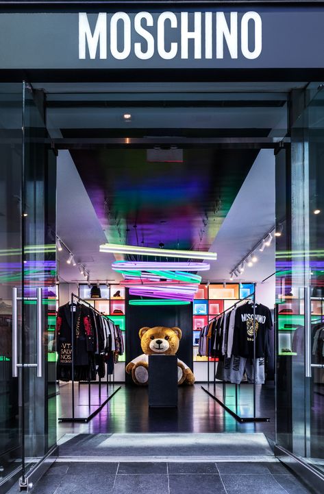 Moschino Debuts Long-Term Madison Ave Pop-Up | The Impression Shoe Store Design, Retail Store Interior Design, Clothing Store Interior, Clothing Store Design, Store Design Boutique, Retail Store Interior, Store Layout, Mens Clothing Store, Boutique Decor