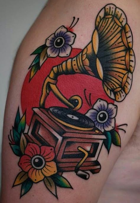 Traditional Tattoos American, Music American Traditional Tattoo, Vinyl Traditional Tattoo, Traditional Record Tattoo, Neotraditional Tattoo Design Black, Traditional Cassette Tattoo, Gramaphone Oldschool Tattoo, Neo Traditional Music Tattoo, Traditional Tattoo Music