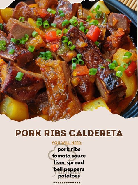 🍖🌶 Transform your meal with Pork Ribs Caldereta, a rich, hearty Filipino stew! #PorkRibsCaldereta #FilipinoCuisine 🍽️ Pork Ribs Caldereta 🛒 Ingredients: 1 kg pork ribs, cut into pieces 200 grams tomato sauce 100 grams liver spread 100 grams bell peppers, sliced 100 grams potatoes, cubed 50 grams carrots, sliced 3 cloves garlic, minced 1 onion, chopped 30 ml soy sauce 500 ml water Salt and pepper to taste Chili flakes (optional) 👩‍🍳 Instructions: Brown Ribs: In a pot, brown pork ribs with ... Cozy Fall Recipes, Family Dining, Chili Flakes, Hearty Soups, Pork Ribs, Bell Peppers, Hearty Meals, Savoury Dishes, Family Dinner