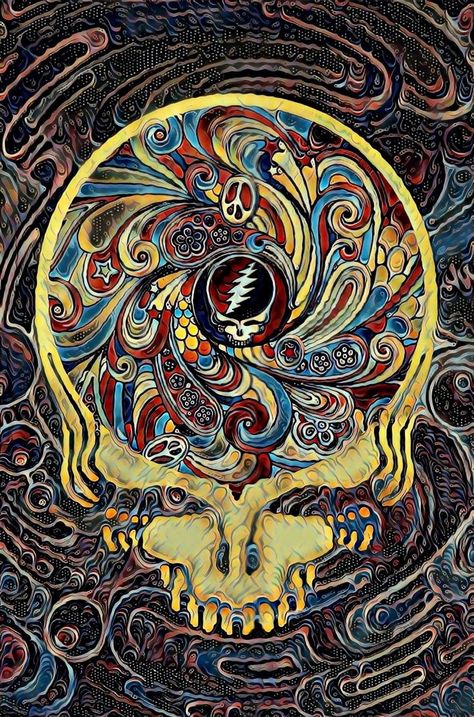 Grateful Dead Art, Grateful Dead Wallpaper, Merry Pranksters, Sun Printing, Grateful Dead Skull, Grateful Deadhead, Colorful Skull Art, Mushroom Tattoo, Concert Poster Art