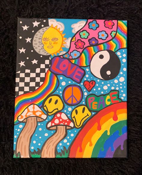 Colored Sharpie Art, Drippy Paintings Checkered, Drippy Drawing Ideas, Colorful Drawings Doodles, Painting Ideas Indie, 4 Different Art Styles, Happy Painting Ideas, Trippy Doodle Art, Indie Things To Draw