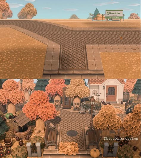 Kyuubi Crossing, Acnh Autumn, Entrance Idea, Cottagecore Animal Crossing, Animal Crossing Island Inspo, Fall City, Ac Ideas, Acnh Patterns, Ac New Leaf