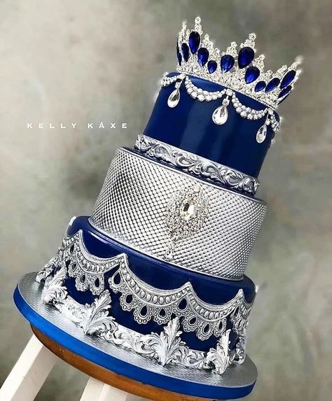 Royal Blue Cake, Royal Blue Quince, Quince Cakes, Blue Sweet 16, Quince Cake, Blue Birthday Cakes, Royal Cakes, Silver Wedding Cake, Quinceanera Cakes