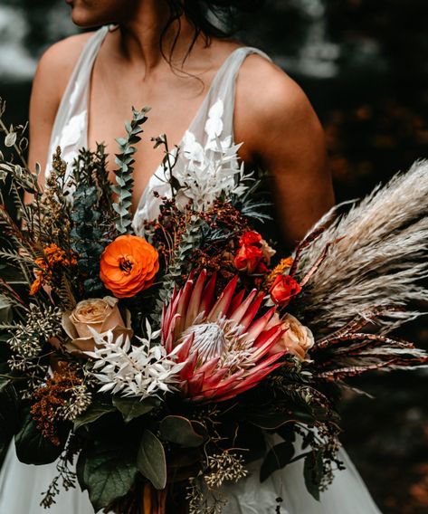 Protea Bouquet Wedding, Protea Wedding Bouquet, King Protea Bouquet, Earth Tone Wedding, Protea Wedding, Protea Bouquet, King Protea, Brick Loft, Loft Wedding