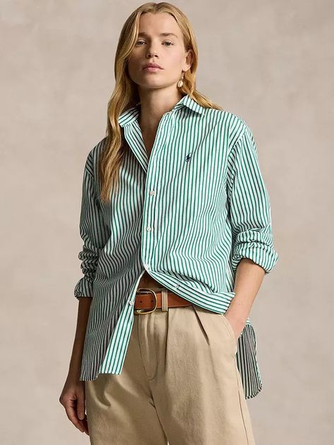 Polo Ralph Lauren Relaxed Fit Stripe Shirt, White/Green Wimbledon Fashion, High Street Fashion, Ralph Lauren Long Sleeve, Cotton Poplin Shirt, Polo Sport, Ralph Lauren Purple Label, Lauren White, Blouse White, Short En Jean