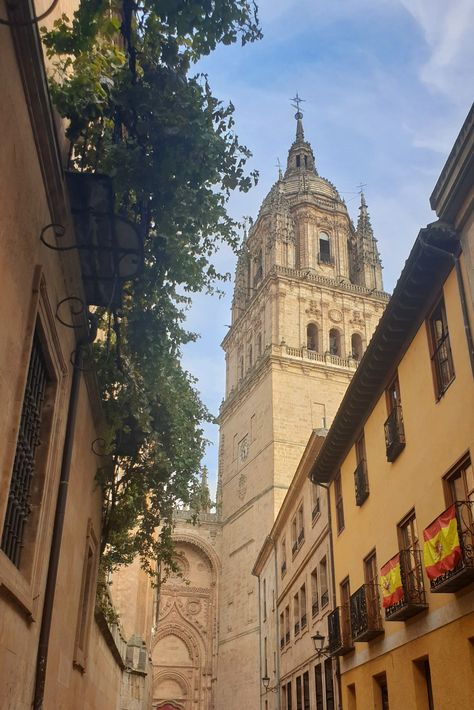 a spanish street in salamanca, spain, with a view of the cathedral. yellow buildings with spanish flags hanging off the balconies. Salamanca Spain Aesthetic, Spanish Motivation, Spain Salamanca, Barcelona Trip, European Bucket List, Salamanca Spain, Spain Trip, Spain Aesthetic, Europe Aesthetic