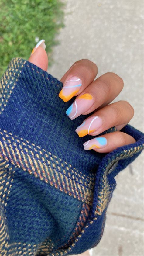 Summer Nails Blue Orange, Pink Blue And Yellow Nail Designs, Blue Yellow And Red Nails, Summer Nails Coloured Tips, Nails Acrylic Orange And Blue, Orange Blue And Pink Nails, Green Pink And Orange Nails, Purple Blue And Orange Nails, Pastel Blue And Orange Nails