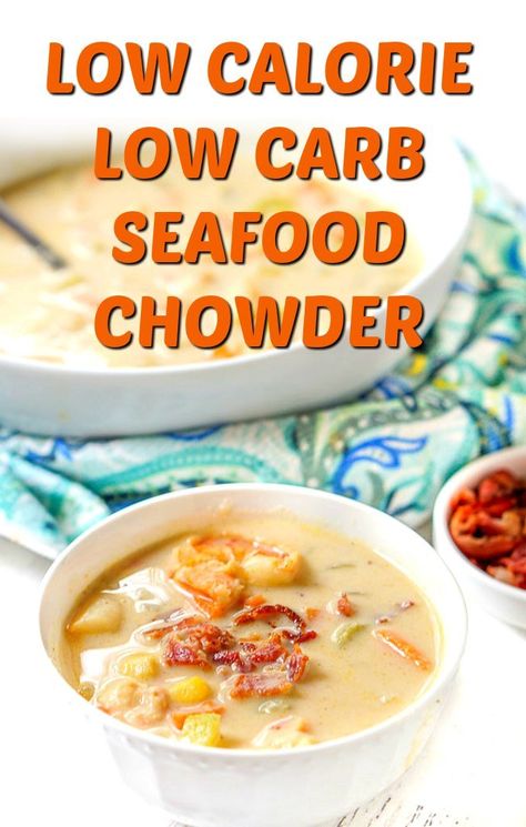 This easy, creamy keto seafood chowder is a hearty low carb soup that you can make in less than 30 minutes. Using frozen seafood and cauliflower cream sauce, this healthy soup is full of flavor and has only 6g net carbs and 169 calories so it's low calorie too! Low Calorie Soup Recipe, Cauliflower Cream, Low Carb Seafood, Seafood Soup Recipes, Keto Fish, Chowder Recipes Seafood, Low Calorie Low Carb, Paleo Soups, Low Carb Soups