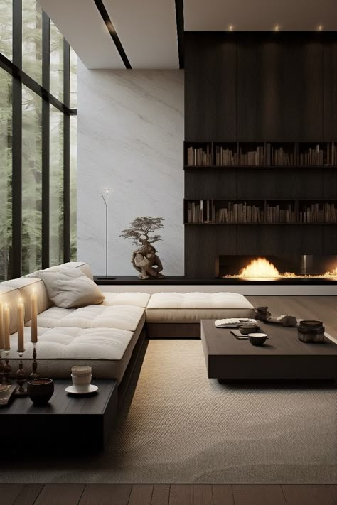 This modern minimalistic home has dark wood and stone materials. Large whige sofa, big windows showing a forest, and a modern fireplace with a bookshelf. Modern Luxury Architecture, Big Windows Living Room, Dark Wood Floors Living Room, Bookshelf Fireplace, Minimalistic Home, Minimalist Mid Century Modern, Luxury Architecture, Dark Modern, Modern Bookshelf