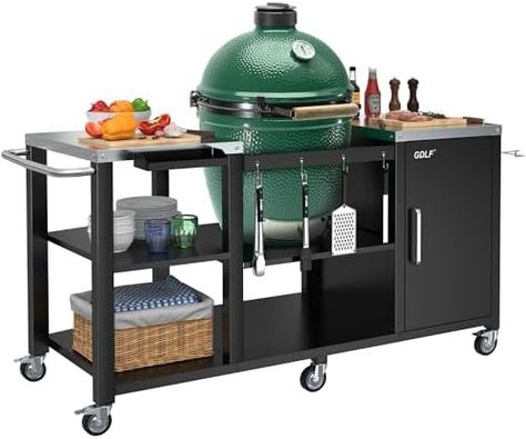 GDLF Grill Table for Big Green Egg Style Grills, Heavy Duty Outdoor Grill Station Prep Table, Metal Green Egg Stand with Storage Compatible with Large Big Green Egg,Kamado Joe Outdoor Grill Cart, Big Green Egg Table Plans, Big Green Egg Table, Egg Grill, Big Green Egg Grill, Green Egg Grill, Grilling Essentials, Grill Stand, Egg Styles