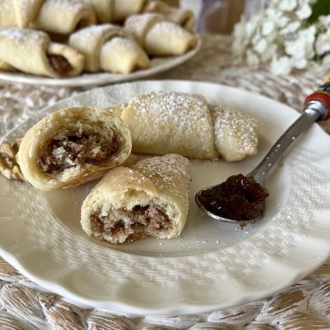 Hungarian Walnut Fig Kifli Cookies - The Hungary Soul Hungarian Walnut Cookies, Fig Jam Cookies, Lekvar Cookies, Kifli Cookies, Hungarian Pancakes, Hungarian Cookies, Homemade Fig Jam, Traditional Cookies, Hungarian Desserts