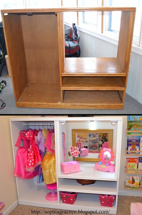 Sophia Grace  Co. - Dress up station for Sophia's playroom. Cute way to store dress up clothes. Easy dress up storage Project to DIY. Dress Up Stations, Dress Up Storage, Toy Rooms, Big Girl Rooms, Crown Molding, Toddler Room, Sandbox, Repurposed Furniture, Play Area