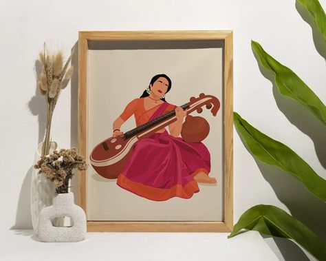 Veena Art Indian Wall Art Desi Art Saraswati Veena Indian - Etsy India Girl With Veena Instrument, Veena Painting, Veena Drawing, Indian Woman Art, Instrument Decor, Saree Images, Poster Rangoli, Desi Art, Fashion Croquis