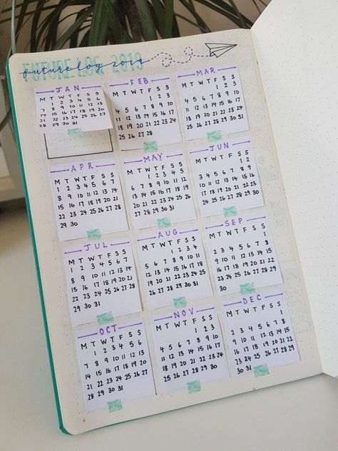 Sticky Notes Calendar, Bujo Year Calendar, Yearly Journal Spreads, Bullet Journal Year Calendar, Bullet Journal Yearly Spread Ideas, Bujo Yearly Spread Ideas, Future Log Layout, Future Log Bullet Journal, Bullet Journal Yearly Spread