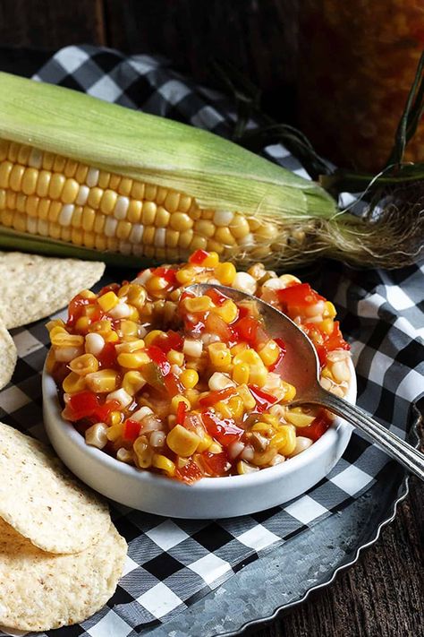 Corn and Chile Salsa (Trader Joe's Copycat) Trader Joe’s Corn Salsa, Trader Joes Corn Salsa, Veggie Apps, Chile Salsa, Roasted Corn Salsa, Baking Lessons, Meatless Dishes, Corn Salsa Recipe, Corn Relish