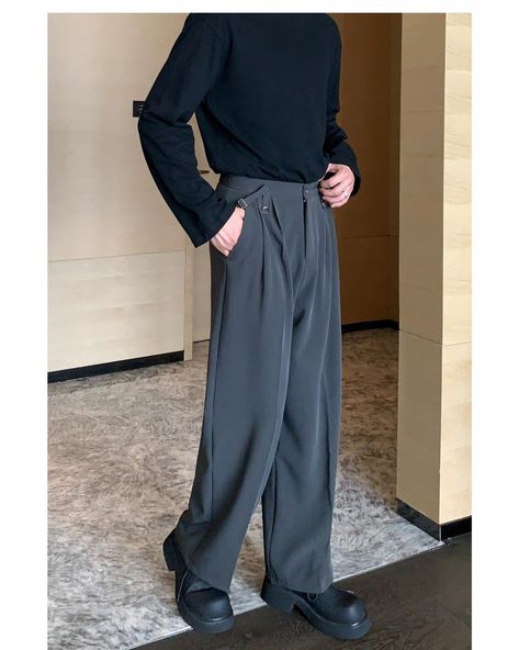 Cui Relaxed Flow Pleated Trousers • Discover Quality Street Fashion Styles From Asia • Collection: Cui's Closet . . . #koreanfashion #streetwear #streetfashion #outfitidea #styleinspo #mensfashion Long Denim Shorts, Pants Outfit Men, Pants Korean, Quality Street, Pleated Trousers, Solid Color Shirt, Pleated Pants, Formal Outfit, Korean Men