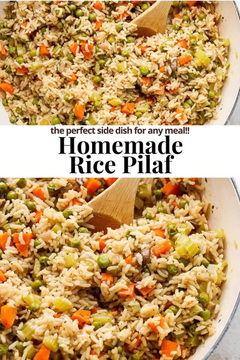 Rice Pilaf - The BEST rice pilaf recipe that is packed with flavor and easy to make. The perfect side dish for any meal! #ricepilaf #ricepilafrecipe #ricepilafrecipeeasy #ricepilafdinnerideas #ricepilafwithmushrooms Herbed Rice Pilaf, Iraqi Rice Recipe, Rice Recipe Side Dish, Brown Rice Pilaf Recipe Easy, Healthy Rice Pilaf, Rice Cooker Rice Pilaf, Baked Rice Pilaf Recipes Oven, Broccoli Rice Pilaf Recipe, Rice Pilaf With Mushrooms