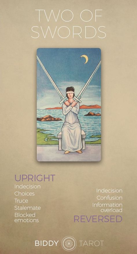 Two of Swords Tarot Meaning - Click to learn more about this card! 2 of swords reversed, two of swords reversed, two of swords tarot card, two of swords meaning 2 Of Swords Reversed, Two Of Swords Reversed, Two Of Swords Tarot Meaning, Two Of Swords Tarot Card, Two Of Swords Tarot, 2 Of Swords, Swords Tarot Meaning, Two Of Swords, Biddy Tarot