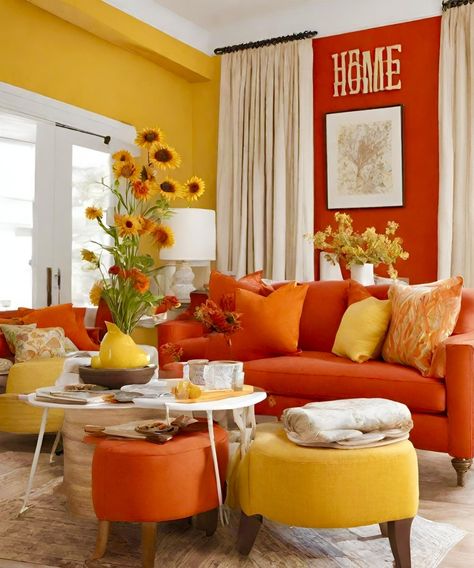 Warm Colours Living Room, Warm Living Room Colors, Colourful Living Room Decor, Interior Color Schemes, Yellow Room, Warm Colours, Orange House, Colourful Living Room, Living Room Colors