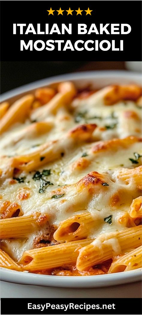 Craving comfort food? This Cheesy Italian Baked Mostaccioli is your solution! Bursting with flavor, this pasta dish combines the rich taste of marinara and the creaminess of melted cheese, making it a perfect family meal. With easy prep and just the right amount of spices, it will be a hit at your dinner table. Enjoy the perfect blend of soft pasta, gooey cheese, and delicious sauce, all baked to perfection. Try this ultimate baked mostaccioli for your next get-together, your friends and family will thank you! Mosticholli Bake, Cheesy Mostaccioli Recipe, Mostacholi Recipe, Strozzapreti Recipes, Mostaccioli Recipe Crockpot, Mostaccioli Recipe Easy, Crockpot Mostaccioli, Baked Mostaccioli Recipe Easy, Italian Dishes Easy