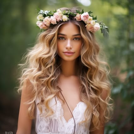 For a bohemian, garden-inspired wedding, consider a loose and flowing hairstyle adorned with a flower crown. This hairstyle embodies the essence of a woodland fairy, with natural curls or waves complemented by a wreath of fresh or faux flowers that match your wedding color palette. Wavy Hair With Flower Crown, Boho Down Hairstyles Wedding, Beach Waves Bride, Beach Wedding Hairstyles For Long Hair The Bride Flower Crowns, Enchanted Hairstyles Fairytale, Wedding Beach Hairstyles, Loose Curls Medium Length Hair, Curly Beach Hair, Wedding Hairstlyes