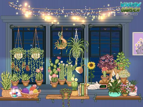 Check-out my Window Garden!  Get Window Garden - Lofi Idle Game from:  https://cloverfigames.com Game Living Room Ideas, Window Garden Game, Game Living Room, Window Garden Ideas, Fairy Landscape, Notion Aesthetic, Idle Game, Window Garden, Garden Games