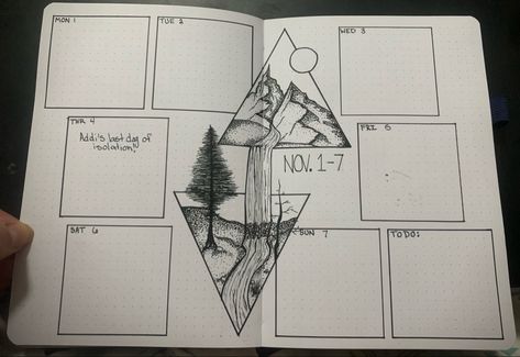 Mountain and river bujo Mountain Journal Ideas, Bujo Mountain Theme, Bujo Mountains, Bullet Journal Boxes, Bujo 2023, November Bullet Journal, Mountain And River, Bu Jo, I Need A Hobby