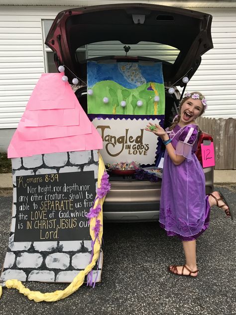 Trunk Or Treat Ideas #Tangled #Christian #DIYHalloween Tangled Trunk Or Treat, Trunk N Treat Ideas, Trunk Or Treat For Church, Trunk Treat Ideas, Trunk Or Treat Church, Trunk Or Treat Themes, Church Trunk Or Treat, Trunk Or Treat Halloween, Halloween Car Decorations