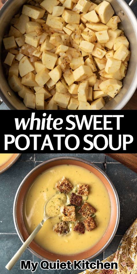 This 1-pot White Sweet Potato Soup celebrates the creamy texture and unique flavor of white sweet potatoes. Cumin and smoked paprika bring a touch of smokiness, while sautéed onion and garlic add savory notes. You'll love the easy prep and versatility of this recipe, and the irresistible flavor of white sweet potatoes will have you coming back for seconds! Sweet And White Potato Recipes, Japanese White Sweet Potato Recipes, White Sweet Potato Casserole, White Sweet Potatoes Recipes, White Sweet Potato Recipes, White Sweet Potato Recipe, White Sweet Potato, Simple Soups, Korean Sweet Potato