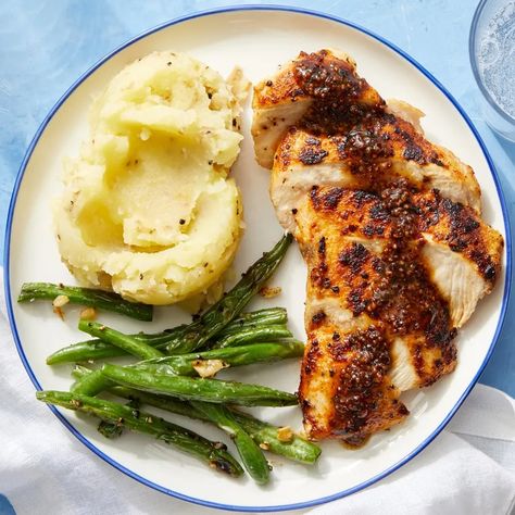 Recipes With Mashed Potatoes, Easy Chicken Breast Recipes, Buttermilk Mashed Potatoes, Blue Apron Recipes, Dijon Chicken, Seared Chicken, Spiced Chicken, Pan Sauce, Cooking Green Beans