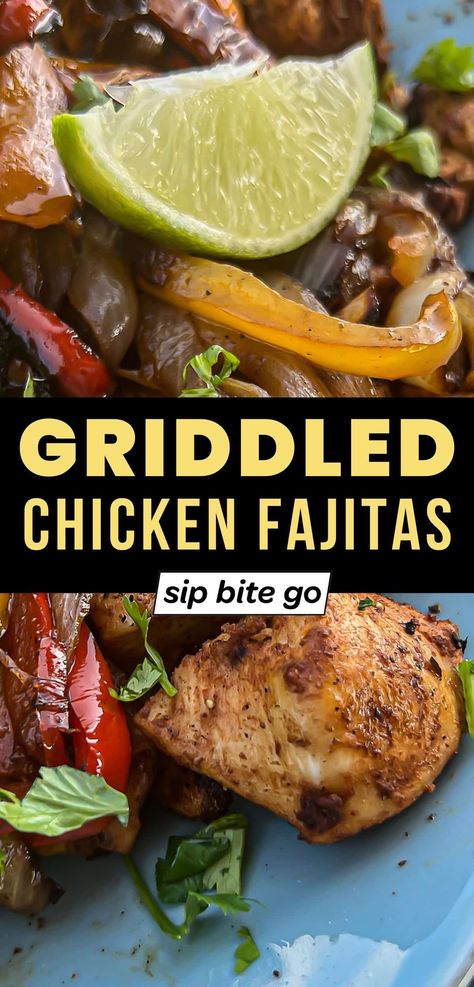 See how to make the most delicious chicken fajitas on griddle grills like the Traeger Flatrock (gifted) with onions and peppers griddled at the same time. Let’s get to this tasty flattop recipe… | sipbitego.com Traeger Flatrock Recipes, Fajita Sides, Griddle Chicken, Chicken Fajitas Seasoning, Fajita Ingredients, Fajita Seasoning Recipe, Fajita Mix, Fajita Vegetables, Blackstone Recipes