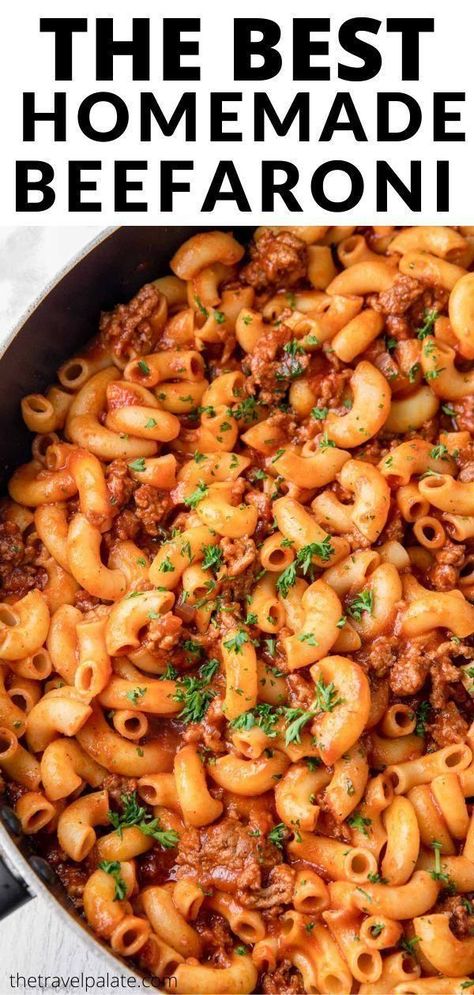 Looking for an easy beefaroni recipe? This homemade version from The Travel Palate is way better than the can and is ready in about 30 minutes. Made with elbow macaroni, ground beef, and tons of tomato flavor, top it off with some shredded cheddar cheese for a cheesy one pot skillet or casserole main dish! Easy Beefaroni Recipe, Homemade Beefaroni Recipe, Homemade Beefaroni, Elbow Pasta Recipes, Elbow Macaroni Recipes, Beefaroni Recipe, Beef And Pasta, Ground Beef Pasta Recipes, Beef Pasta Recipes