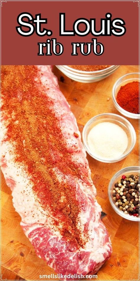 St. Louis Rib Rub is a classic dry rub specifically designed to  enhance the smoky, savory flavors of St. Louis-style ribs. This brown  sugar-based rub is packed with a blend of smoked paprika, garlic powder,  onion powder, and warm spices, creating a crust that caramelizes  beautifully during grilling or smoking.  While it's perfect for St.  Louis-style ribs, this versatile rub can also be used on other cuts of  pork, chicken, or even vegetables for added depth of flavor. Rib Rubs For Grilling, St Louis Bbq Sauce Recipes, St Louis Ribs Smoker Recipe, Rubs For Pork Ribs, Rib Rubs For Smoker, Rib Rub Recipe Brown Sugar, St Louis Style Ribs Oven, Kansas City Rib Rub Recipe, St Louis Ribs In Oven