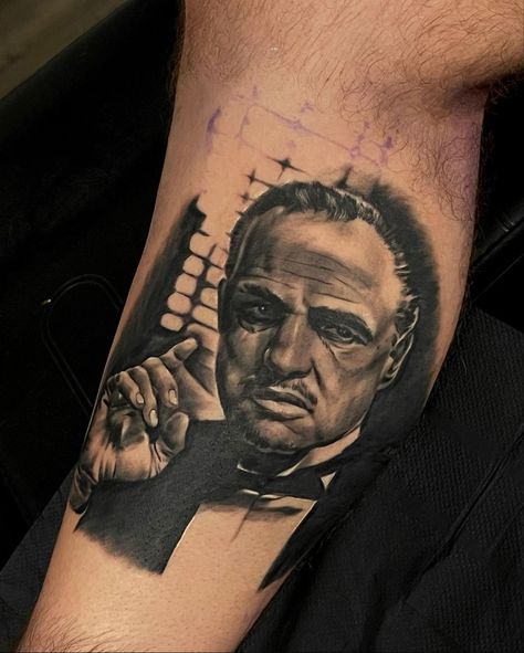 Portrait Tattoo Stencil, The Godfather Tattoo, Godfather Portrait, Shelby Tattoo, Godfather Tattoo, Tattoo Portrait, Sleeve Ideas, Stencil Design, Dad Tattoos