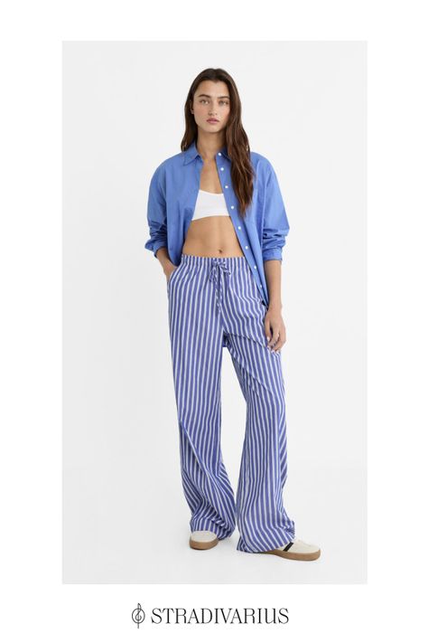 Wide Leg Trousers Casual, Striped Pajama Pants, Striped Pajama, Backless Shirt, Trousers Casual, Athleisure Women, Pants Elastic Waist, Striped Pyjamas, Athleisure Fashion