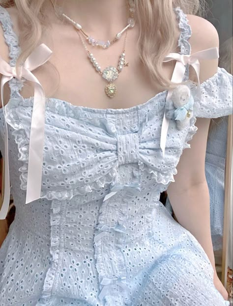 Blue Cottage Core Outfit, Pink And Blue Aesthetic Outfit, Chrissy Aesthetic, Light Blue Outfit Aesthetic, Light Blue Coquette, Angel Core Aesthetic Outfits, Blue Princess Aesthetic, Angel Core Outfit, Angelcore Fashion