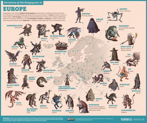 Iterations of the Boogeyman in Europe Halloween Decorations Ghosts, Halloween Cookies Pumpkin, Map Monsters, Pillow Pumpkin, Nightmare Fuel, Myths & Monsters, World Mythology, The Boogeyman, Ancient Mythology