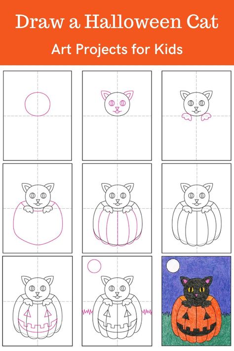 Simple Halloween Drawings For Kids, Halloween Art Easy Drawing, How To Draw Halloween, Halloween Directed Drawing, How To Draw For Kids, Halloween Illustration Art, Leaning Art, Easy Halloween Drawings, Cartoon Cat Drawing