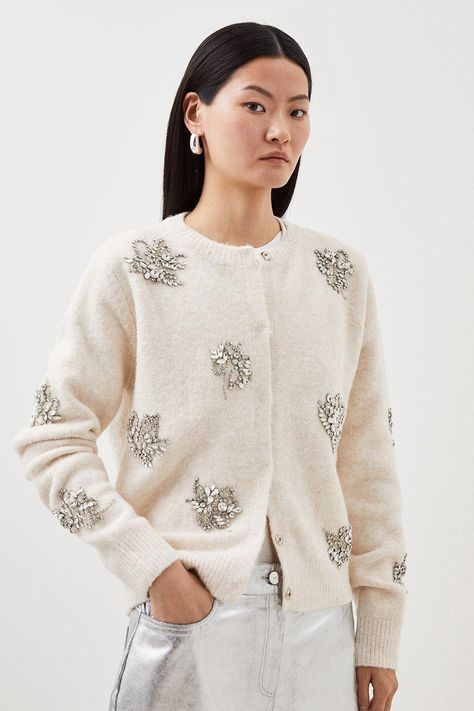 Wool Blend Embellished Cosy Knit Cardigan Cardigan Collection, Embellished Cardigan, Outfits Petite, Áo Len Cardigan, Embroidered Sweater, Karen Millen, Fashion Face, Winter Wear, Art Sketchbook