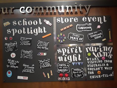 Community Board! Chick-fil-A Woodbury Town Center Community Board Ideas Display, Chick Fil A Community Board Ideas, Info Wall, Staff Bulletin Boards, Cow Appreciation Day, Community Bulletin Board, Merchandising Ideas, School Store, Coffee Shop Bar