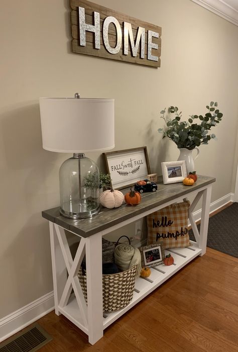 White Farmhouse Console Table, Gray Console Table Entryway, Console Farmhouse Decor, Sofa Table Farmhouse Decor, Farmhouse Hall Table, Gray Entryway Table, Farmhouse Foyer Table Decor, Diy Farmhouse Entry Table, Diy Farmhouse Console Table