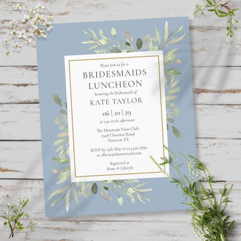 $1.27 | Budget Dusty Blue Bridesmaids Luncheon Invite #bridesmaids luncheon, bridal brunch invitation, budget bridal luncheon invitation, wedding, watercolor greenery foliage floral, cheap cost effective invitation, gold geometric, elegant modern, outdoor country garden, dusty blue Bridesmaids Luncheon, Luncheon Invitation, Bridal Luncheon Invitations, Bridesmaid Luncheon, Bridal Brunch Invitations, Wedding Watercolor, Modern Bridal Shower, Delicate Watercolor, Bridal Luncheon