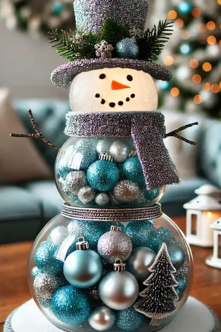 Fish Bowl Snowmen Ideas Fish Bowl Snowman How To Make, Fish Pot Decoration Ideas, Snowman Table Centerpieces, Glass Snowman Diy, Vase Snowmen, Fishbowl Snowman Diy, Fish Bowl Decor Ideas, Snowman Centerpiece Ideas, Snowman Decorating Ideas