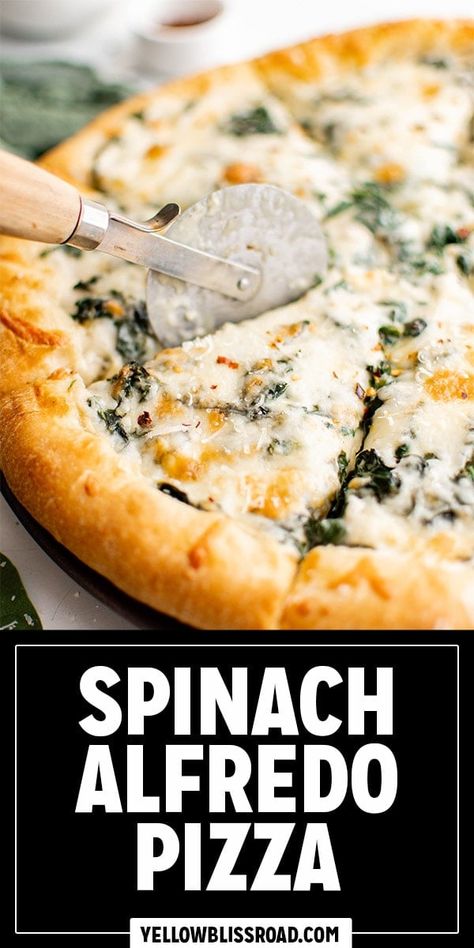 This flavorful Spinach Alfredo Pizza has a no-knead homemade crust topped with creamy alfredo sauce, fresh spinach and mozzarella cheese. Alfredo Cheese Pizza, Spinach Dip Pizza Dough, Alfredo Sauce Pizza Recipes, Chicken Alfredo Pizza Recipe Easy, Alfredo Pizza Sauce, Spinach Alfredo Pizza Recipe, Spinach Pizza Recipe White Sauce, Spinach Alfredo Pizza, Spinach And Mozzarella