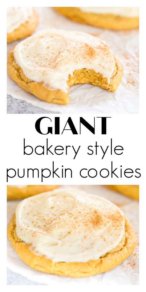 Giant Pumpkin Cookies are a bakery-style pumpkin cookie that are super soft, filled with pumpkin spice, and topped with an irresistible maple cream cheese frosting! They are the perfect fall pumpkin spiced treat. Giant Pumpkin Cookies, Pumpkin Cookies Decorated, Pumpkin Cake Mix, It Pumpkin, Maple Cream Cheese Frosting, Pumpkin Spice Treats, Amazing Cookie Recipes, Maple Cream Cheese, Pumpkin Cookie Recipe