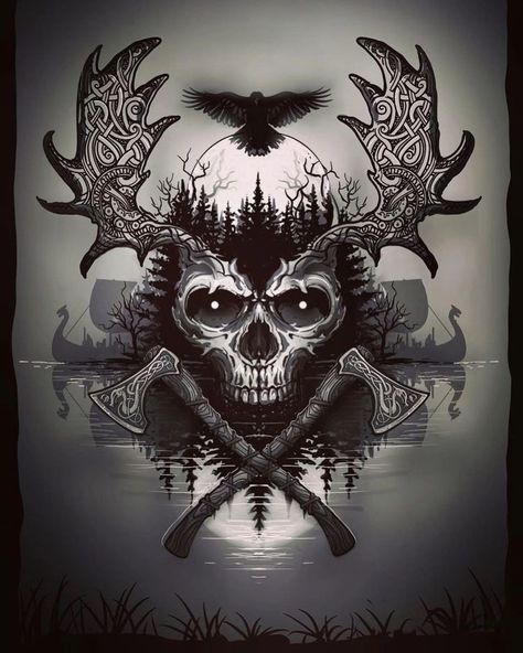 Viking Skull Art, Tattoos Viking, Berserker Tattoo, Simbols Tattoo, Yggdrasil Tattoo, Tattoos Chest, Celtic Tattoos For Men, Viking Warrior Tattoos, Arte Viking