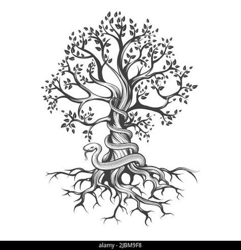 Snake Wraps Around a Tree Esoteric Tattoo Drawn in Engraving Style isolated on white. Vector illustration. Stock Vector Esoteric Tattoo, Henna Tree, Wicca Pentacle, Rose Tattoo Stencil, Goddess Symbols, Esoteric Symbols, Nature Logo Design, Tree Of Life Tattoo, Black And White Background